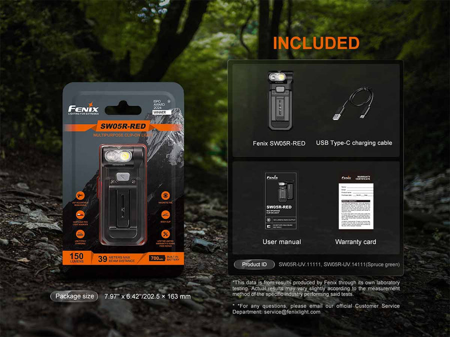 Fenix SW05R-RED flashlight packaging with included items displayed on a natural background
