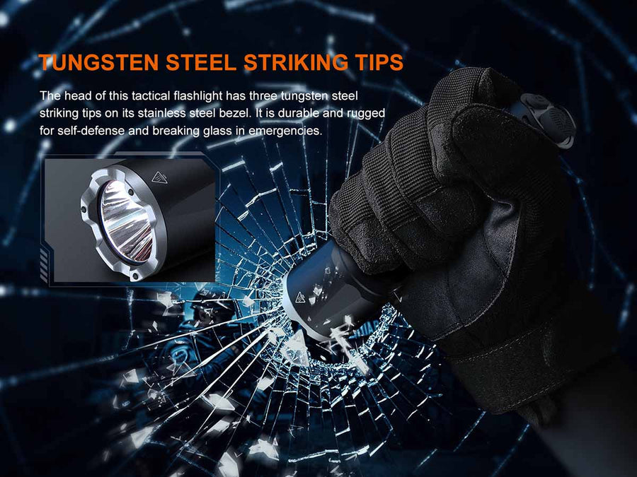Tactical flashlight with tungsten steel striking tips being used to break glass, surrounded by text about its durability.