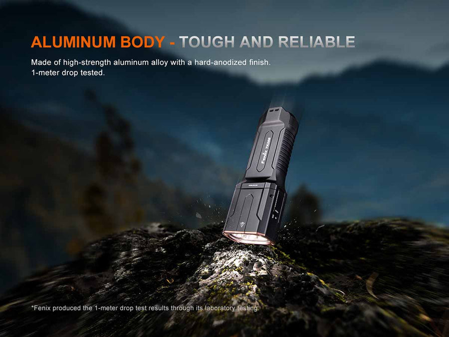Flashlight on a rock with mountain background, emphasizing 'Aluminum Body - Tough and Reliable' text.