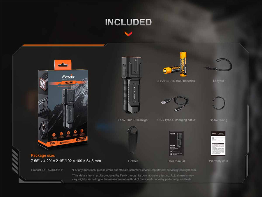 Product packaging with included items displayed on a dark background