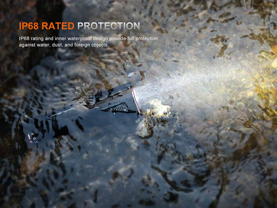 LED flashlight underwater with IP68 rating text