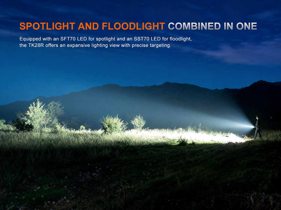 Lighting device projecting spotlight and floodlight on a dark landscape with mountains.