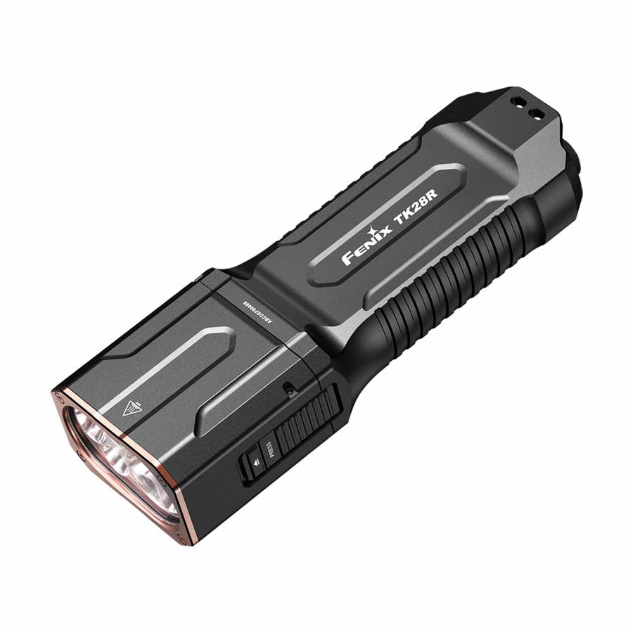 Fenix TK28R rechargeable flashlight front view showing the twin LED reflector array and flat body