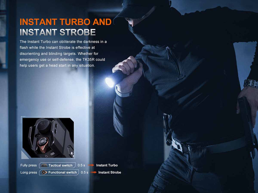 Fenix TK35R LED flashlight featuring 365nm UV light and strobe mode