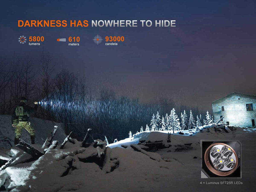 Fenix TK35R flashlight with dual tail switches and instant turbo mode