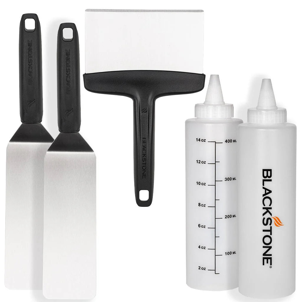 5 Piece Professional Griddle Toolkit – Essential griddle cooking set with spatulas, squeeze bottles, and scraper.
