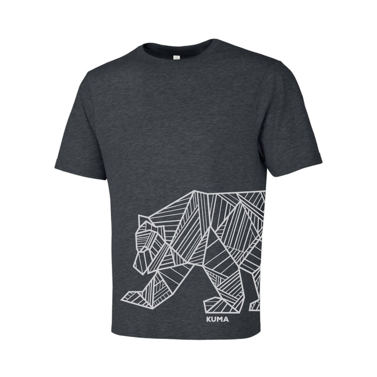 Dark gray t-shirt with a white geometric bear design and 'Kuma' branding on a white background