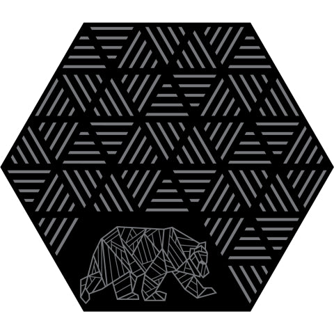 KUMA hexagon RV mat with striped peaks design and iconic Kuma Bear logo