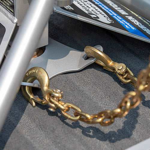Side view of Ultimate Connection base with safety chains securely installed