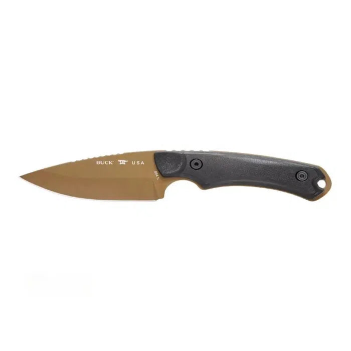 Buck knife with brown blade and black handle on a white background