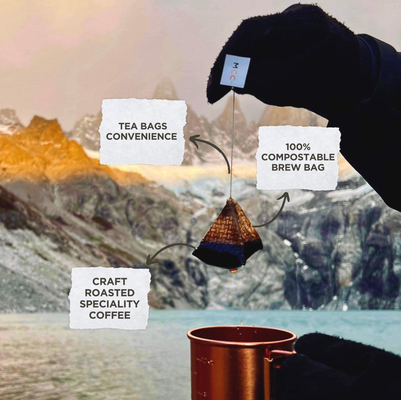 Convenient coffee brew bag in recyclable outer packaging with freshly roasted coffee.