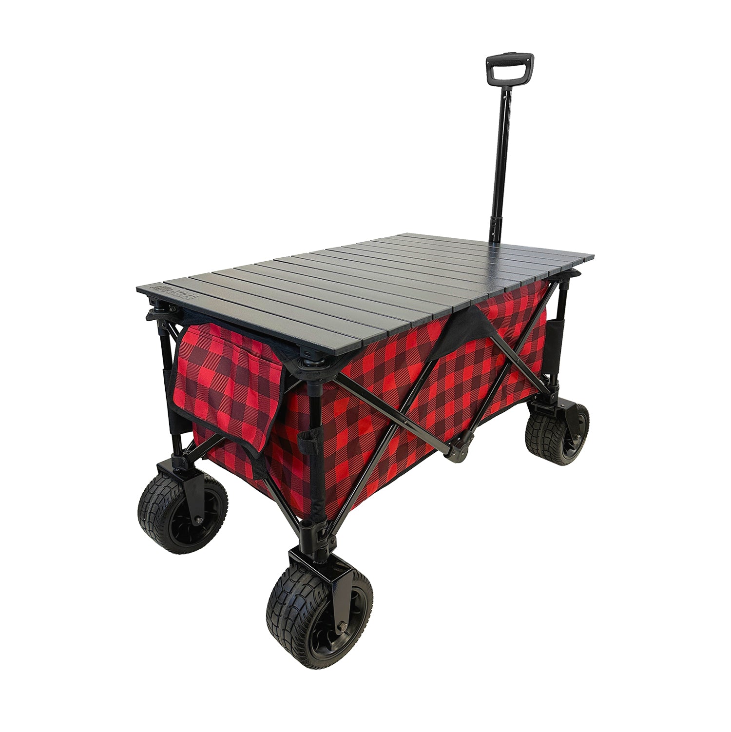 Kodiak Utility Cart/Wagon made of durable 600D polyester with PVC coating, featuring a sturdy black steel frame and aluminum folding table top. Designed for heavy-duty hauling with oversized 360° rotating solid rubber wheels