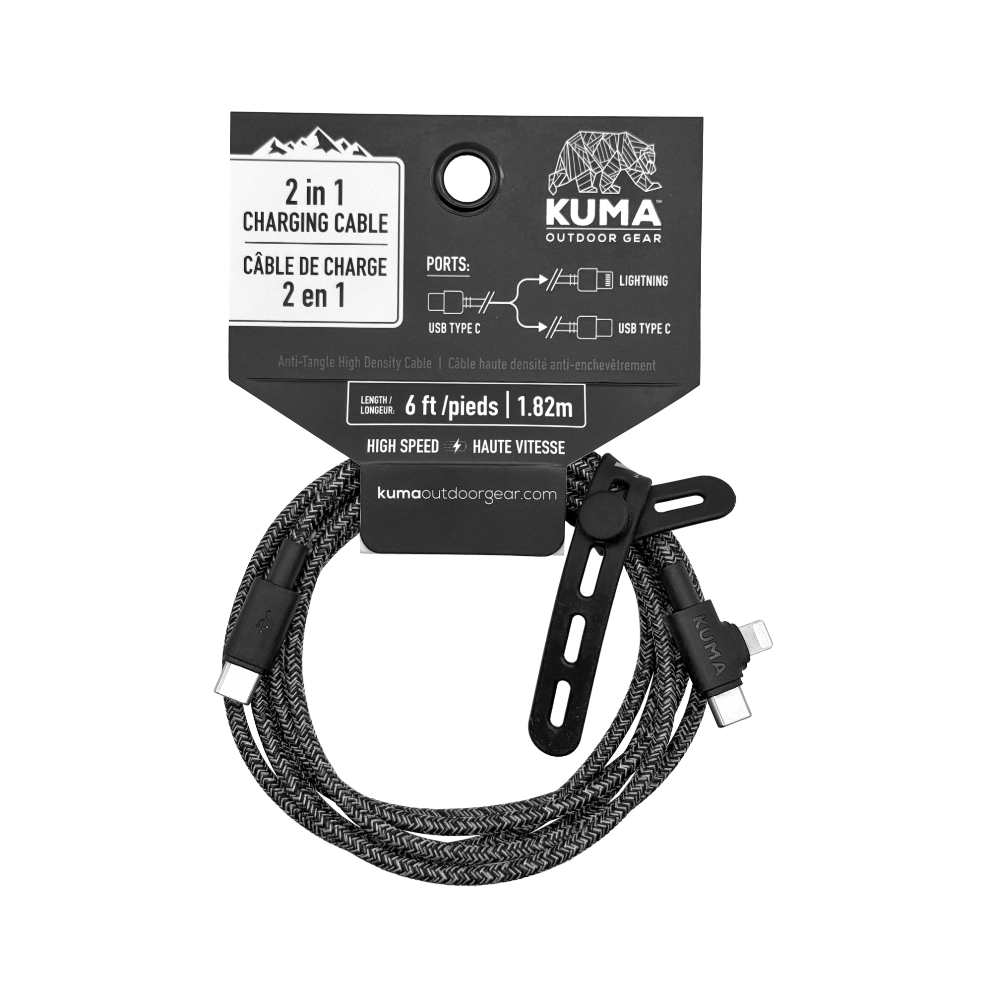 Kuma Outdoor Gear 2-in-1 charging cable with label on a white background