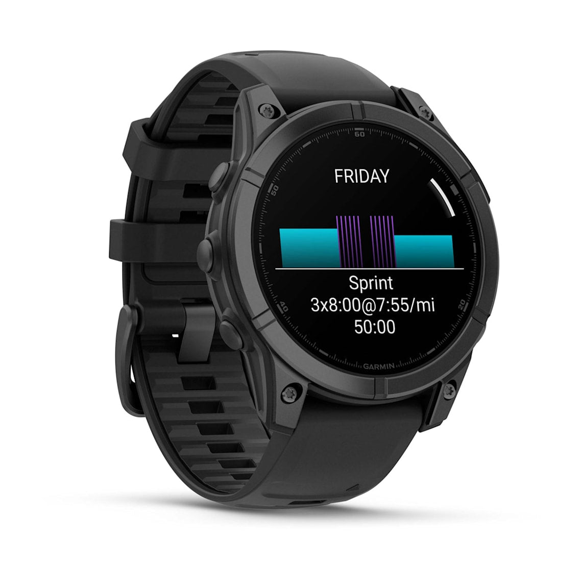 Garmin fēnix® E smartwatch displaying heart rate, sleep score, and stress levels on-screen, with a scenic outdoor background symbolizing health and wellness