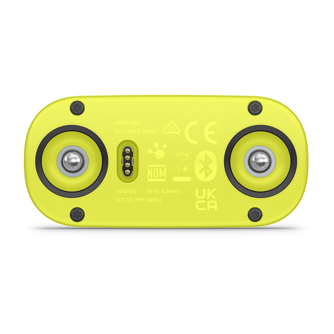 Close-up of Garmin HRM 600 chest strap with removable module and LED status ligh