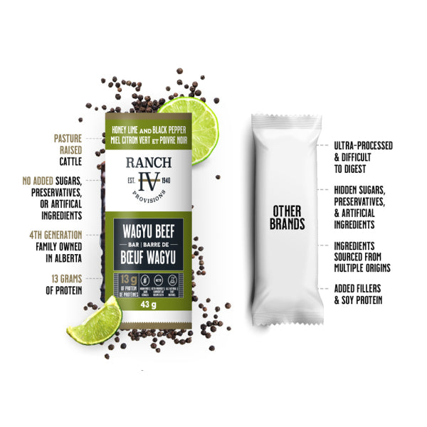 Close-up of Honey Lime Wagyu beef protein bar with natural ingredients and bold savory-sweet flavor profile