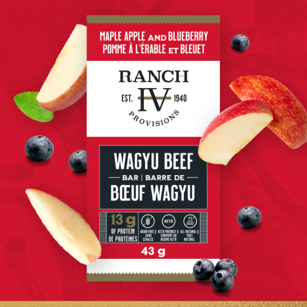 High-protein Wagyu beef snack bar infused with maple sweetness, apples, and blueberries