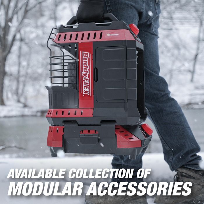 Buddy FLEX Heater featuring thermal shutdown, pilot shield, and storage for accessories in side compartment