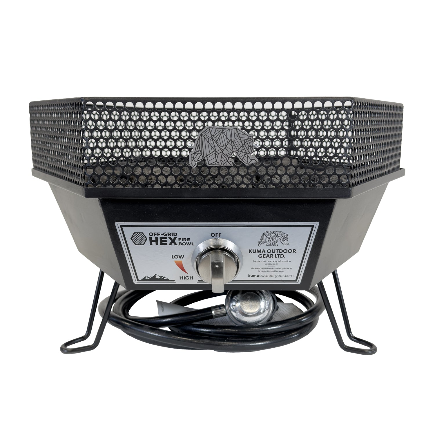 The Off-Grid Hex Fire Bowl displayed alongside its included accessories: a 10-foot propane hose, a carry bag, and the lid with an attached strap for easy transport.

