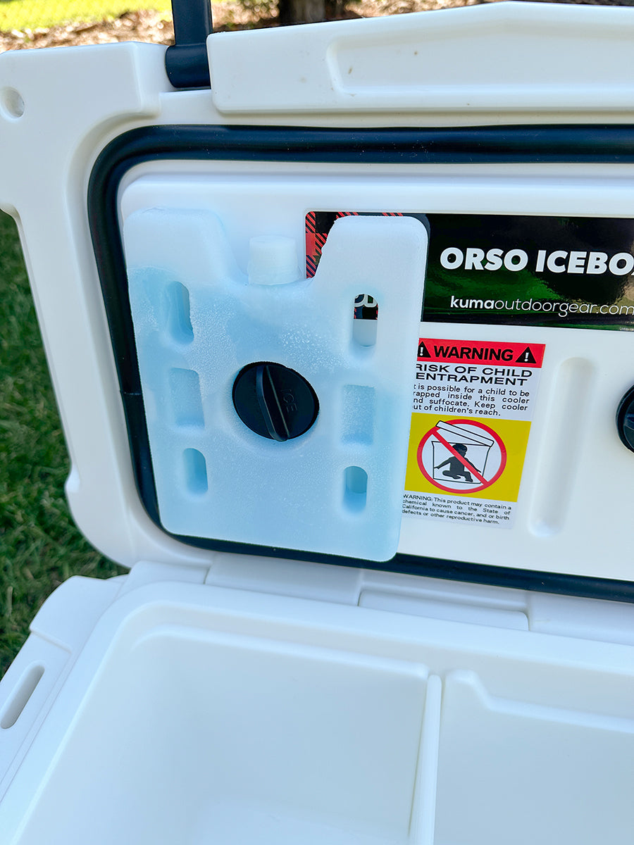 Orso 20QT Icebox with custom-fit reusable ice packs securely installed using twist on/off knobs