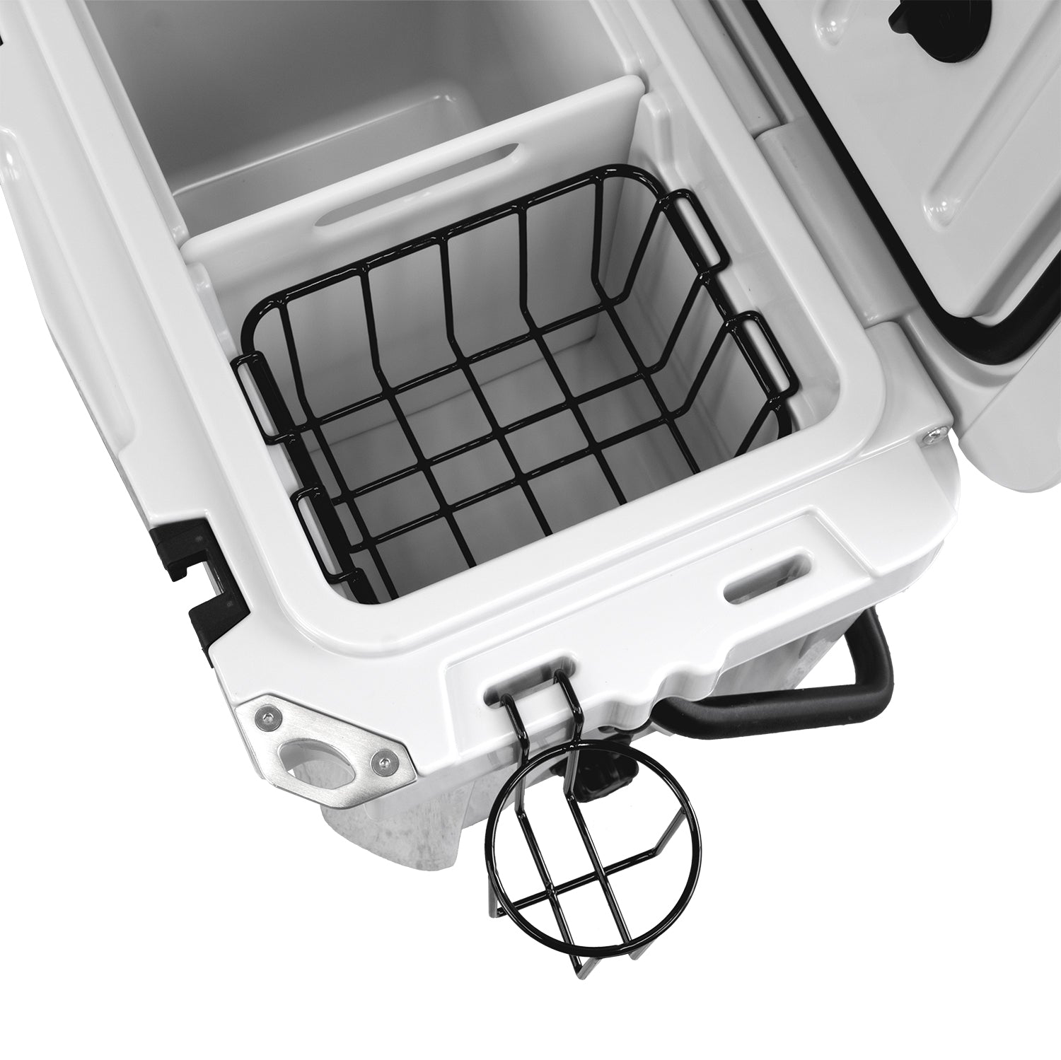 Side view of Orso 20 Quart Icebox with stainless steel handle and foam grip