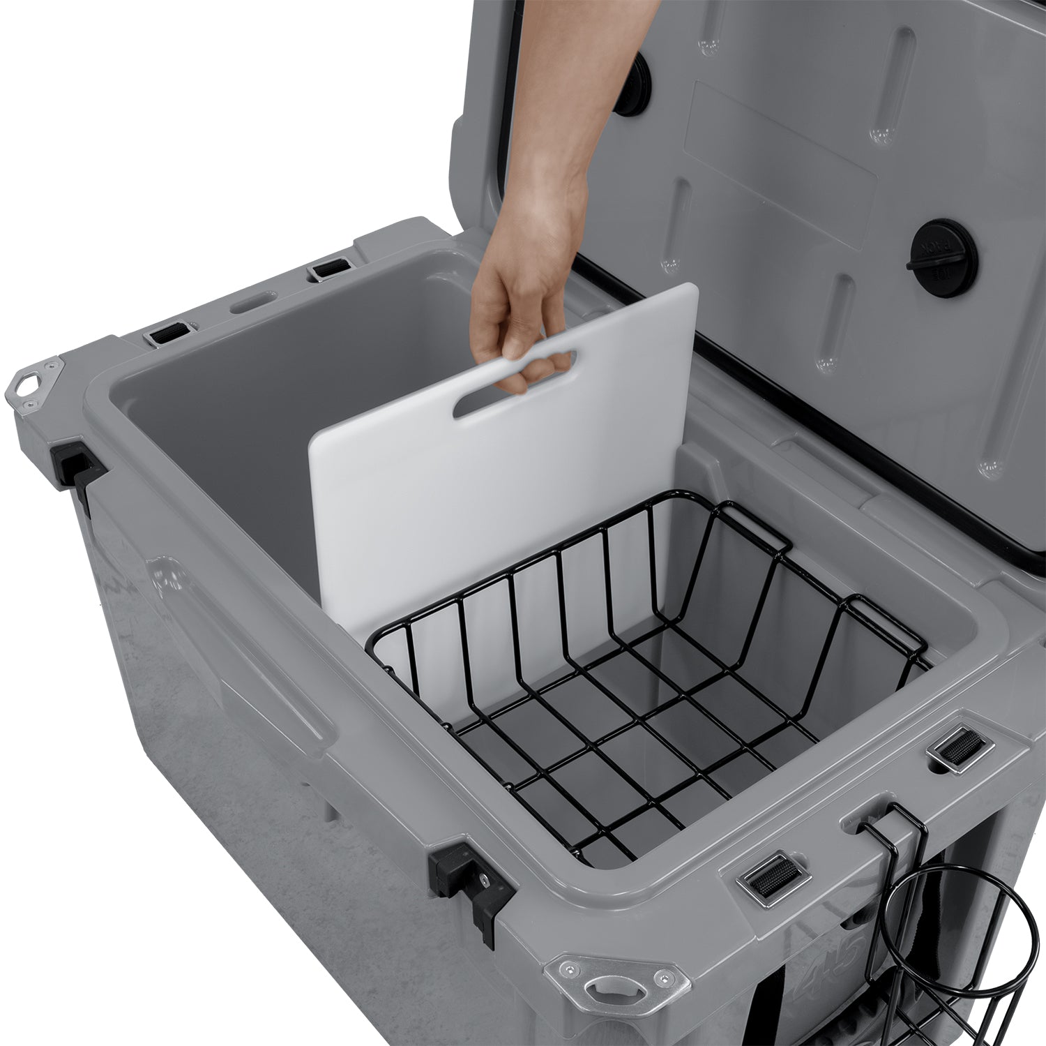 Camping cooler with included basket, cutting board, and cup holders