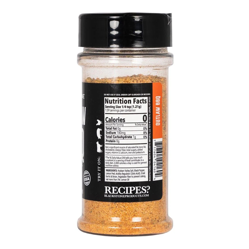 Outlaw BBQ Seasoning by Blackstone featuring hickory, garlic, and citrus blend