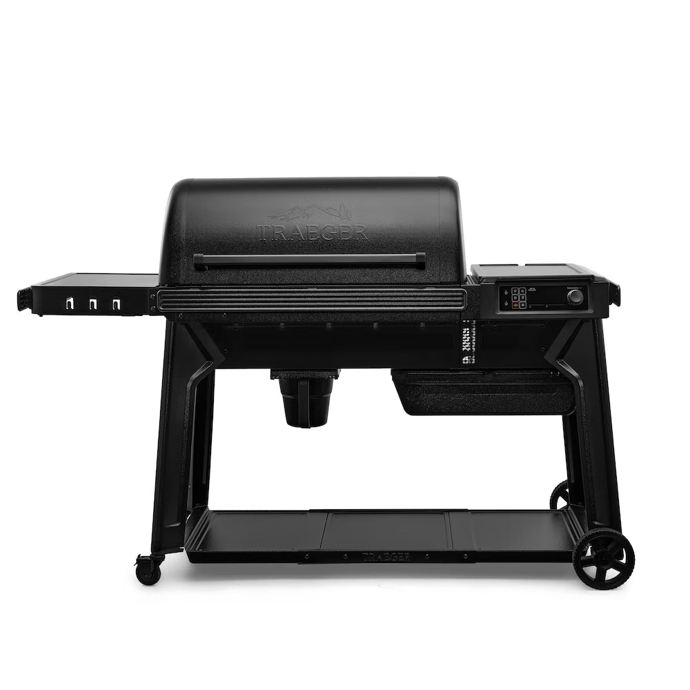 Traeger Woodridge Pro wood pellet grill with digital controller and side shelf