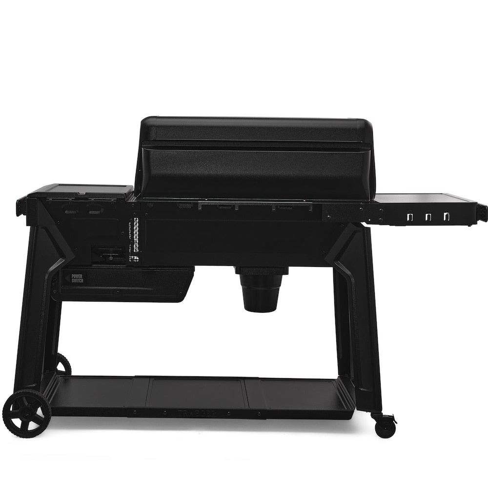 Black Traeger Woodridge Pro wood-fired pellet grill for smoking and grilling