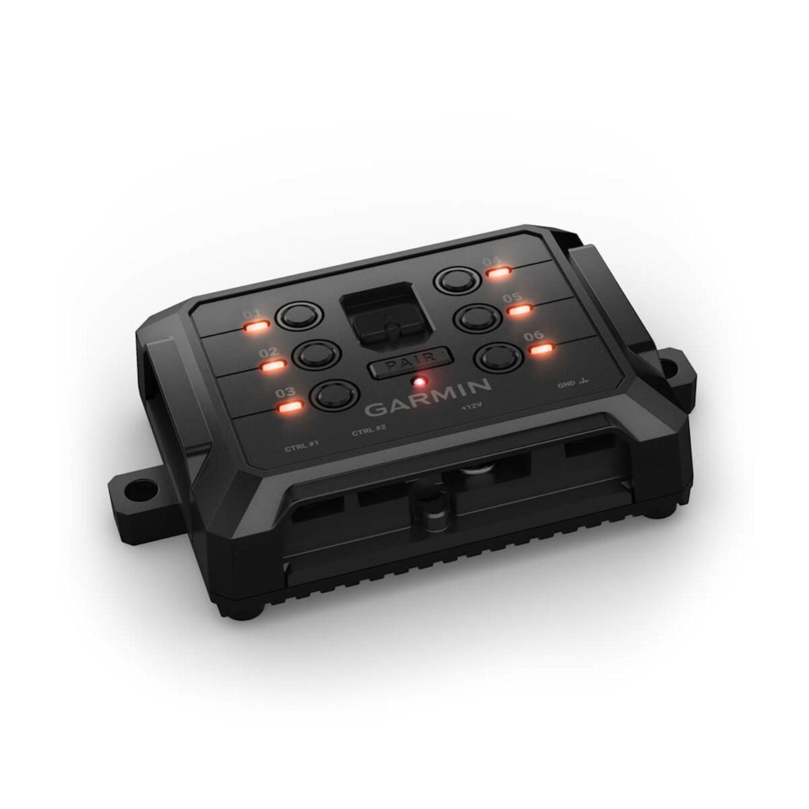 The Garmin PowerSwitch™ is neatly mounted inside a vehicle, controlling multiple 12-volt accessories such as light bars and air compressors. The compact, black box is visible in a clutter-free installation, with no dashboard modifications required. The system wirelessly connects to a Garmin navigator or smartphone, with accessory control shown on a digital touchscreen, displaying custom virtual switch panels and icons.