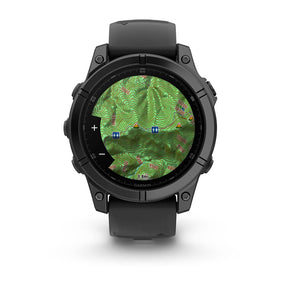 Garmin fēnix® E smartwatch featuring TopoActive maps on its display, with a hiker navigating through a rugged mountain trail in the background