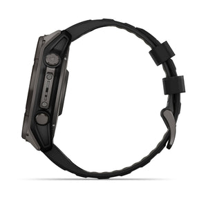 fēnix® 8 smartwatch submerged in water, emphasizing its 40-meter dive rating and leakproof buttons for underwater use