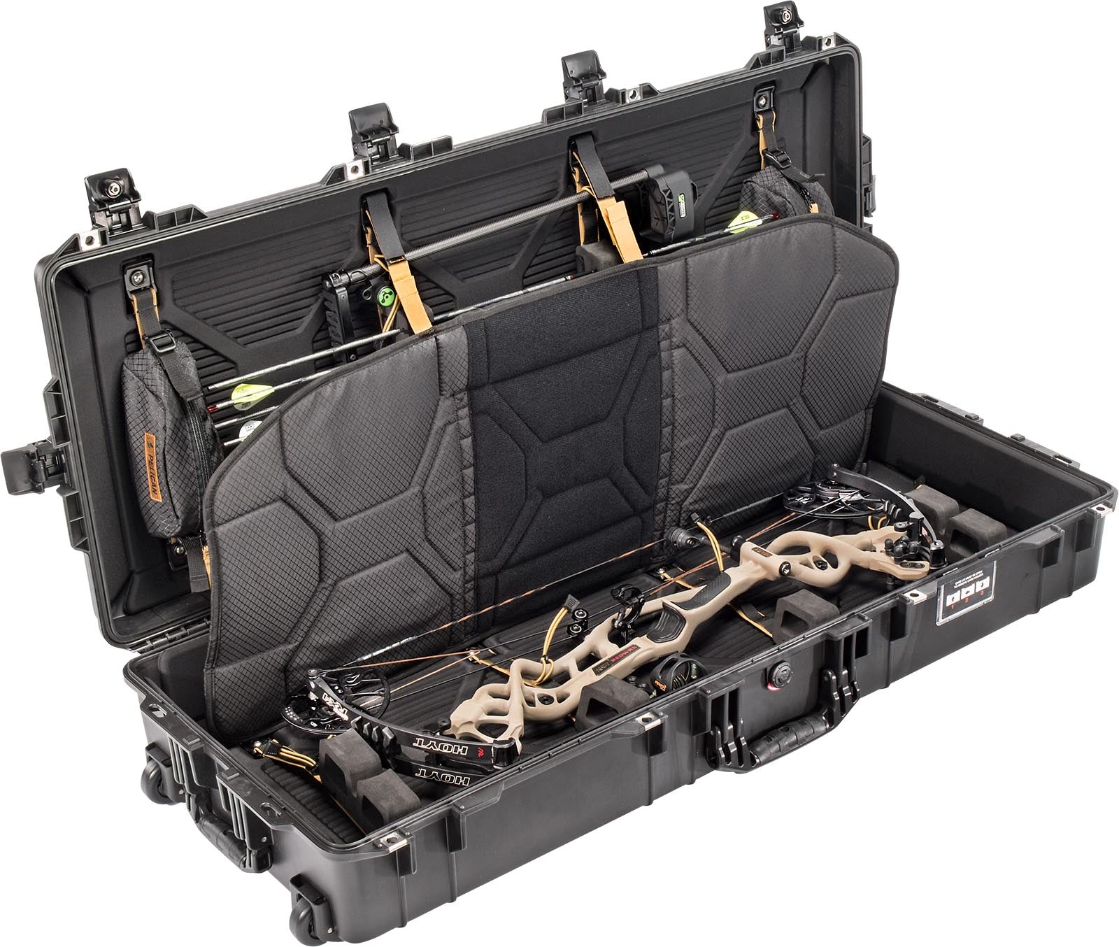 Black archery bow case with a bow inside on a white background