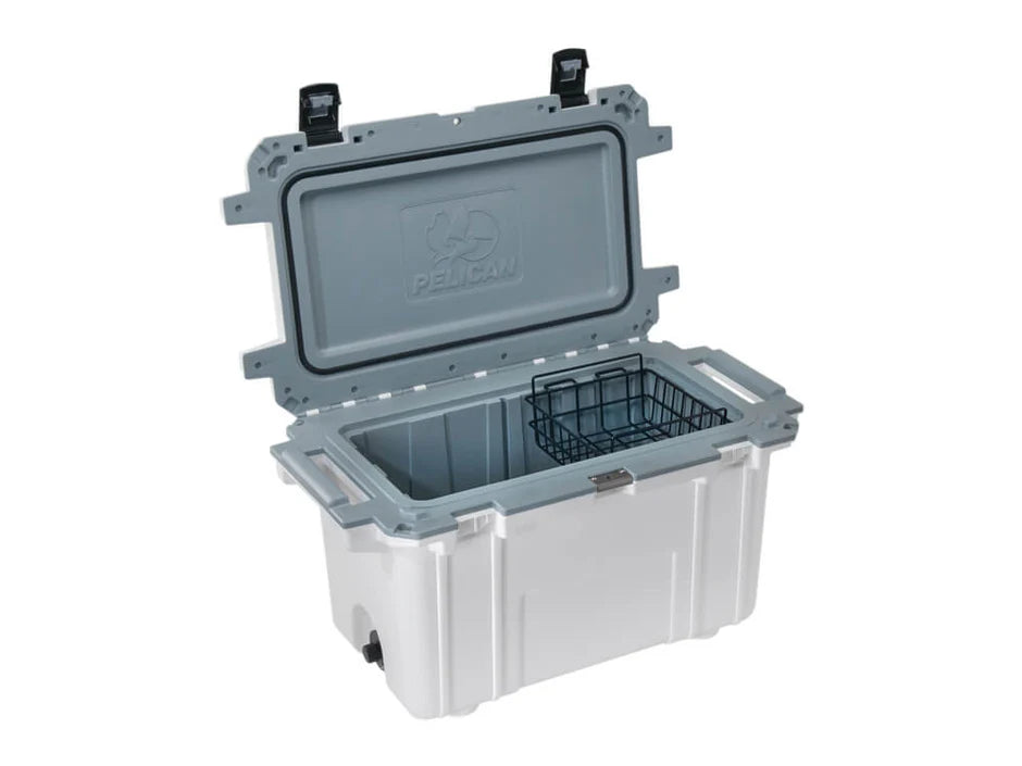 Gray and white cooler box with open lid on a white background