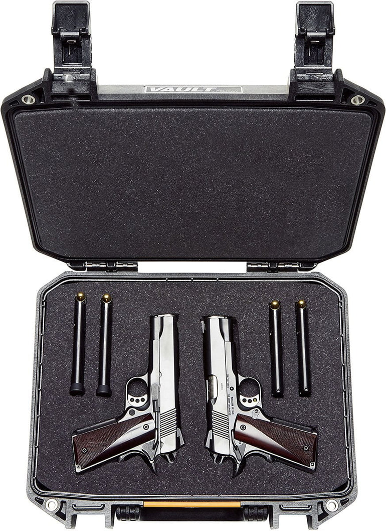 Stainless steel lock hasps on the Vault gun case for added security during transport.