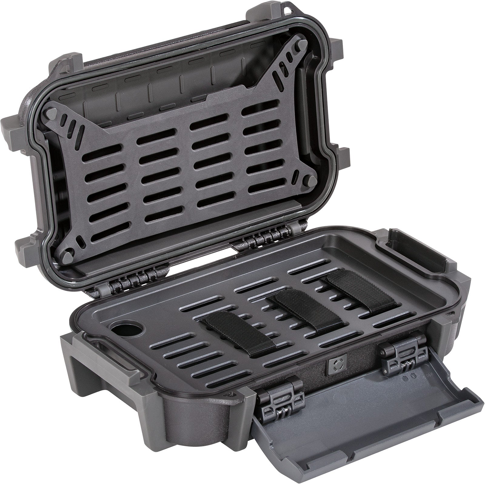 nterior of the Pelican™ Personal Utility Ruck Case showing snap-in flexible lid organizer, rigid divider tray, and MOLLE-style loop system with Velcro straps for organized storage of personal gear