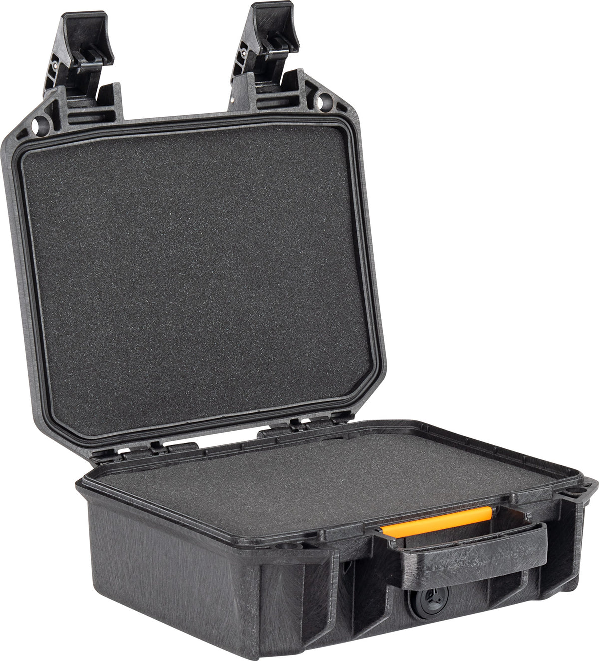 Durable, weather-resistant Vault equipment case in rugged high-impact polymer, featuring ergonomic heavy-duty handles and two push-button latches for secure closure and easy access.