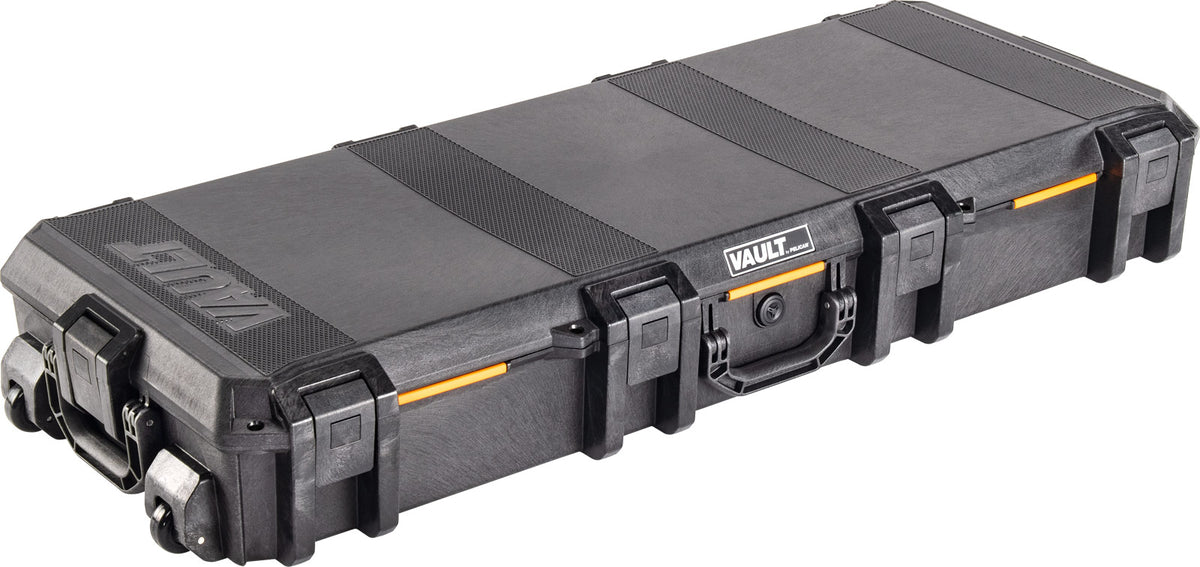 Rugged, weather-resistant Vault series gun case in durable high-impact polymer, showcasing a sturdy construction with six push-button latches for secure closure and easy access. Heavy-duty, ergonomic handle visible on the side