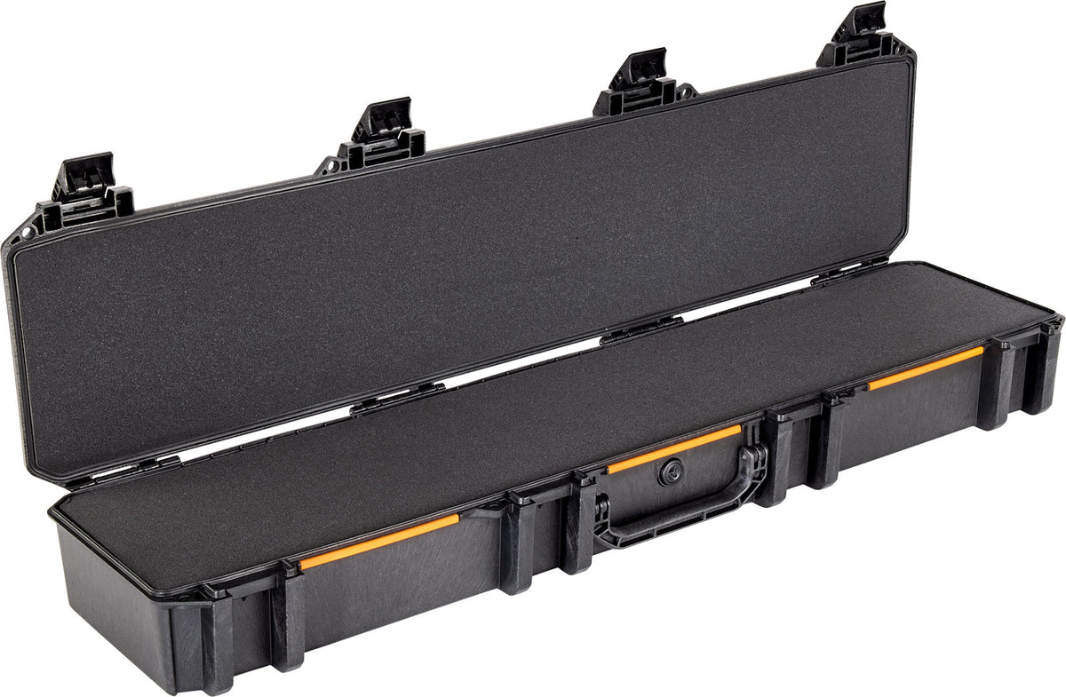 Rugged black Vault series gun case for scoped rifles, showcasing its high-impact polymer exterior with crushproof, dustproof, and weather-resistant design. Secure push-button latches and ergonomic heavy-duty handles are visible on the front of the case