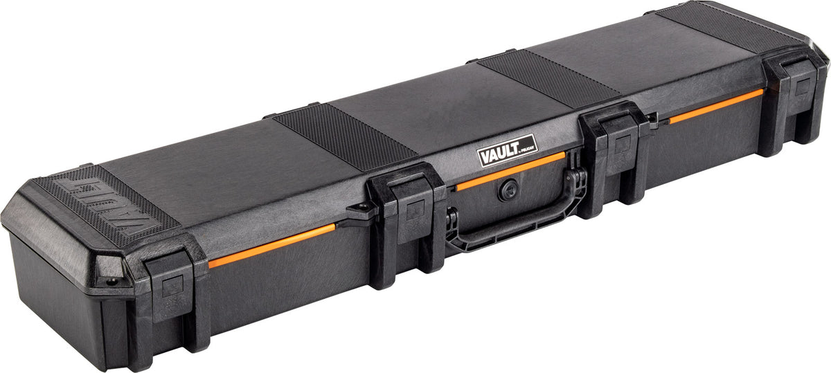 Inside view of Vault series gun case with four protective foam layers, accommodating a scoped rifle securely in a padded, shock-resistant interior, suitable for firearms ranging from carbine size to full-length magnums