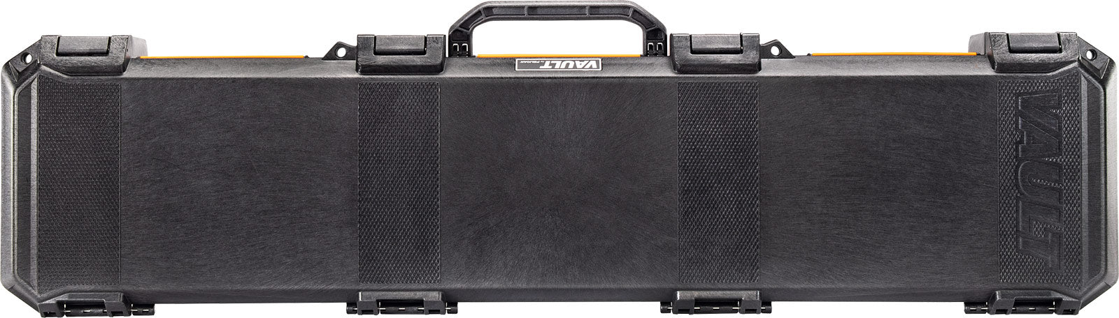"Close-up of ergonomic, heavy-duty handle on Vault series gun case, emphasizing its sturdy grip designed to endure heavy use and tough conditions during travel