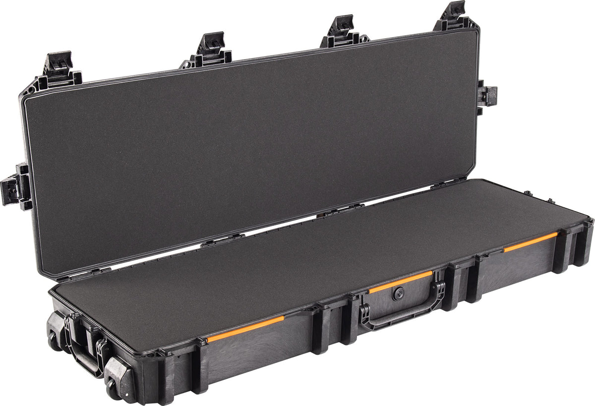 Open Vault series gun case displaying two scoped rifles securely nestled in four layers of protective foam, providing impact-resistant cushioning. Case interior dimensions: 53 x 16 x 6 inches.