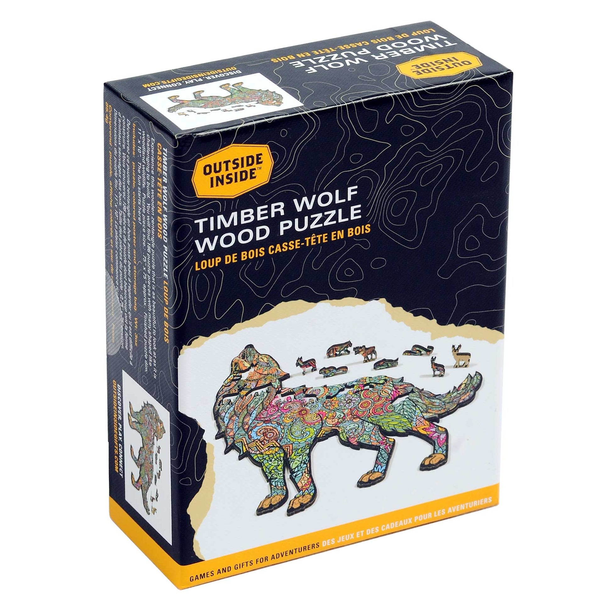 Box packaging for a 3D wooden puzzle toy called 'Timber Wolf Wood Puzzle' by Outside Inside. The box features a dark navy blue top half with white topographic contour lines, a white bottom half, and a colorful assembled wolf puzzle design on the front.