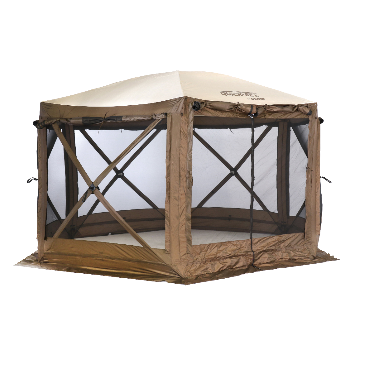 Quick-Set Pavilion fully assembled, fitting over a standard picnic table with ample space for chairs