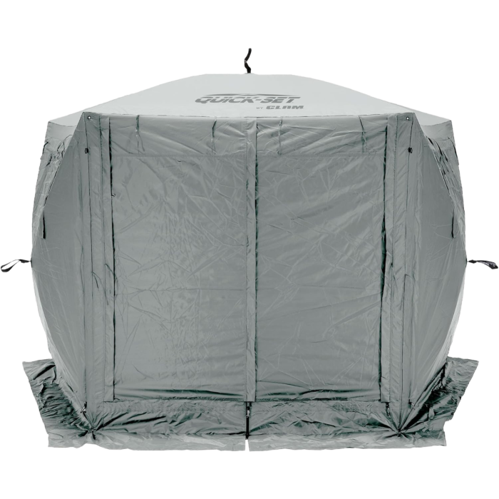 Gray fishing tent with 'Quick-Set' branding on a white background