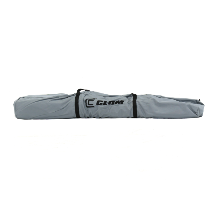 Gray kayak carrying case with Clam logo on a white background