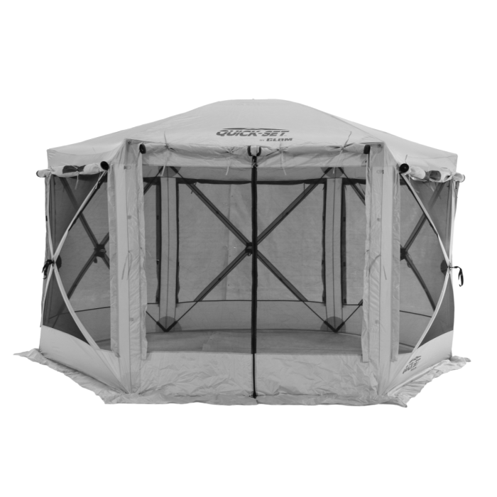 Clam Pavilion outdoor screen shelter showing zip-down wind panels and large screened seating area