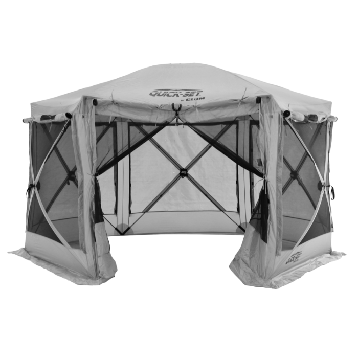 Six-sided Clam screen tent with durable mesh and wind panels for outdoor use.