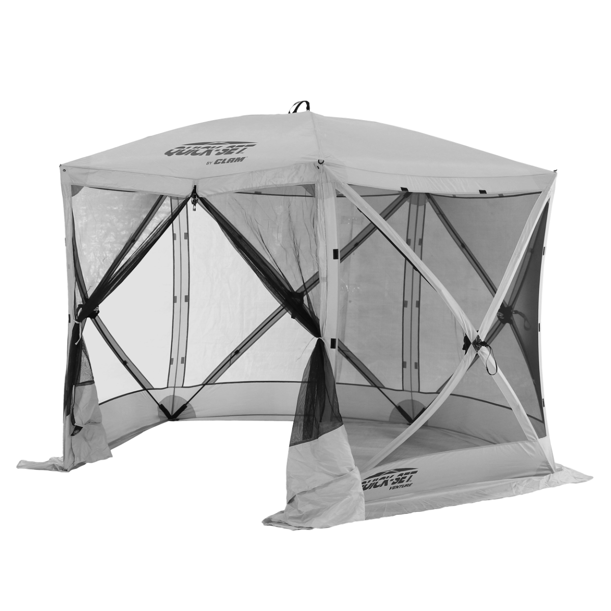 Clam Quick-Set Venture canopy with oversized carry bag, stakes, and tie-down ropes