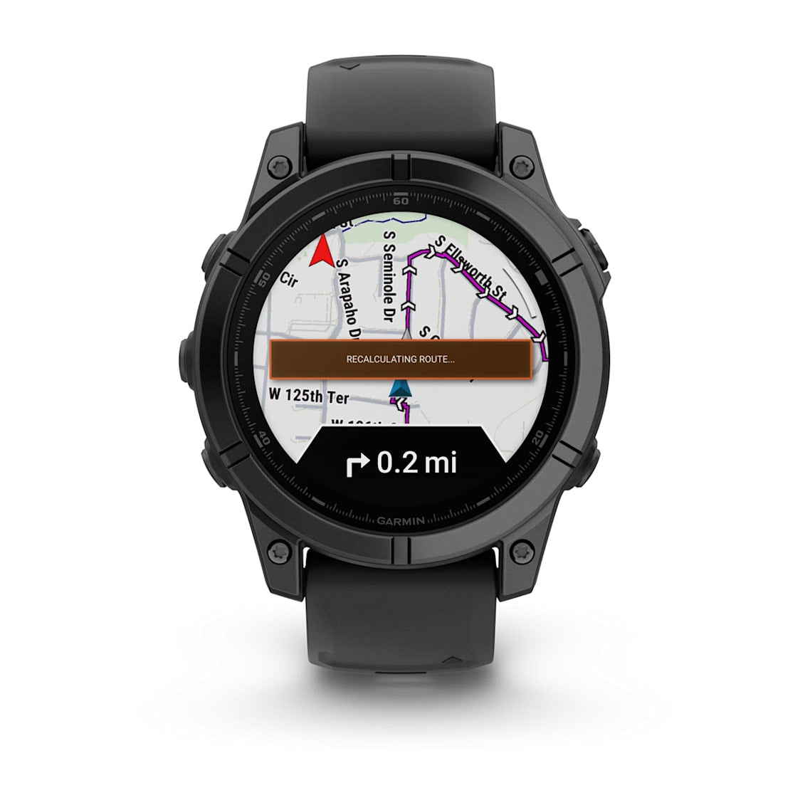 Garmin fēnix® E smartwatch showing a strength training plan on its bright display, surrounded by workout equipment like dumbbells and resistance bands.